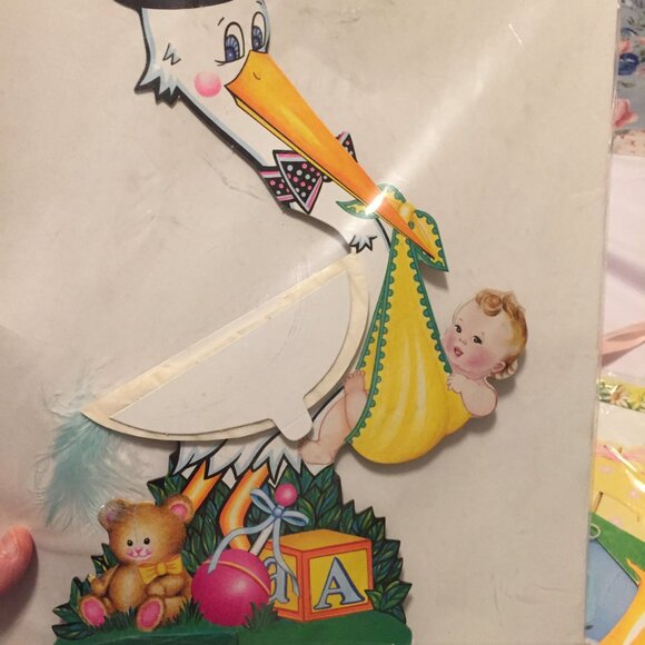 VTG 90's BEISTLE Baby Shower Decorations Honeycomb, Garland/14" Stork NEW SEALED - Picture 3 of 12